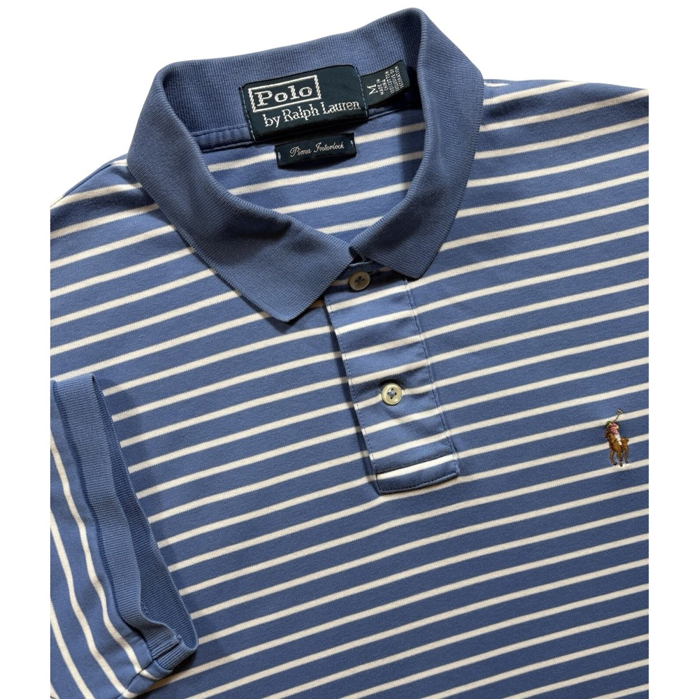 Polo Ralph Lauren Mens Polo Shirt Pima Interlock Med Blue & White Flesh Pony 656